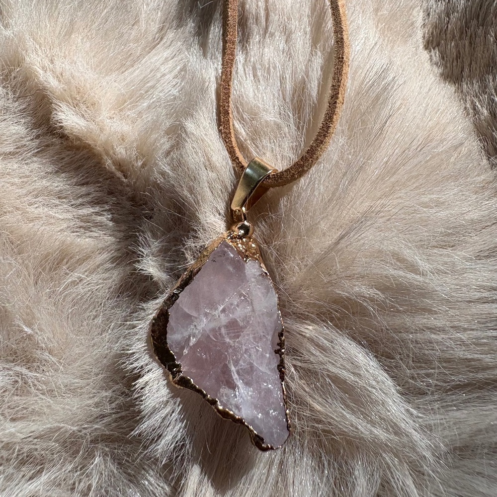 Muse Rose Quartz Electroplated Crystal Pendant on Brown Cord